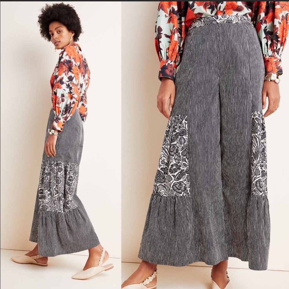 Anthropologie blk/wht stripe/bloom wide legged pnt